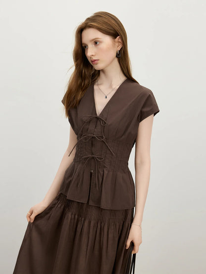 2025 Summer Women's Modern Bow-Tie V-Neck Blouse - Contoured Waist & Dolman Sleeve for Chic Occasions 25FS12737