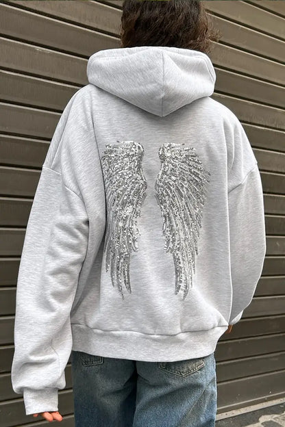Female Sequined Wing Print Pattern Hoodie Autumn Fashion Classical Hooded Sweatshirt 2025 Loose Elegant Versatile Warm Pullover