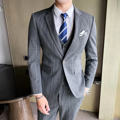 Blue Men Classic Striped/Checked Suits, Asian Size Slim Fit Business Office 3-Piece Sets, Black/Gray and Red Available.