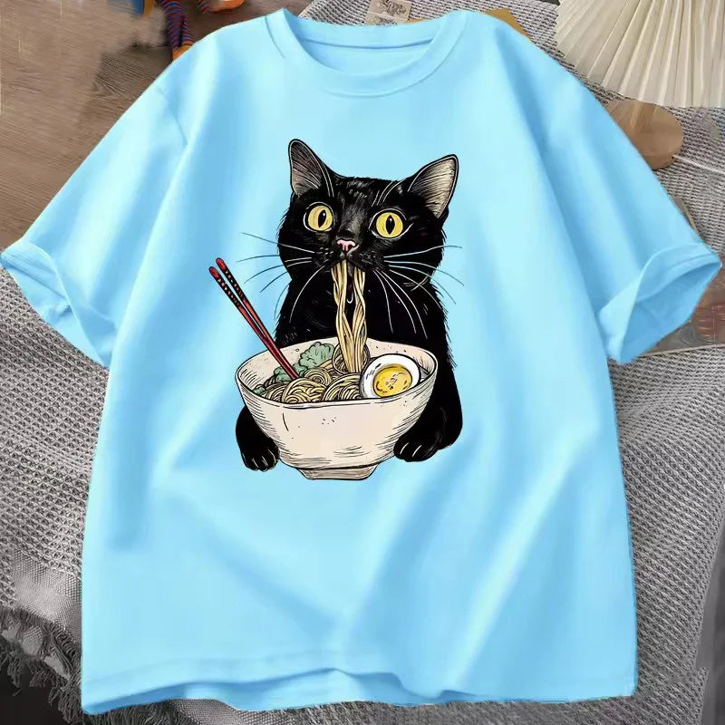Cotton Noodle Ramen Cat T Shirt Foodie Lover T Shirts Black Cat  T-Shirts Retro Casual Short Sleeve Tshirt Men Women Clothes
