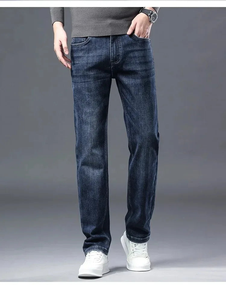 2026 Four Seasons Fashion Brand Straight Leg Jeans Men Business Casual Loose Stretch Long Pants Trousers