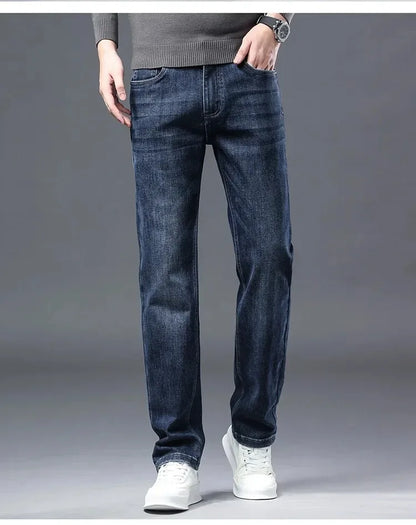 2026 Four Seasons Fashion Brand Straight Leg Jeans Men Business Casual Loose Stretch Long Pants Trousers