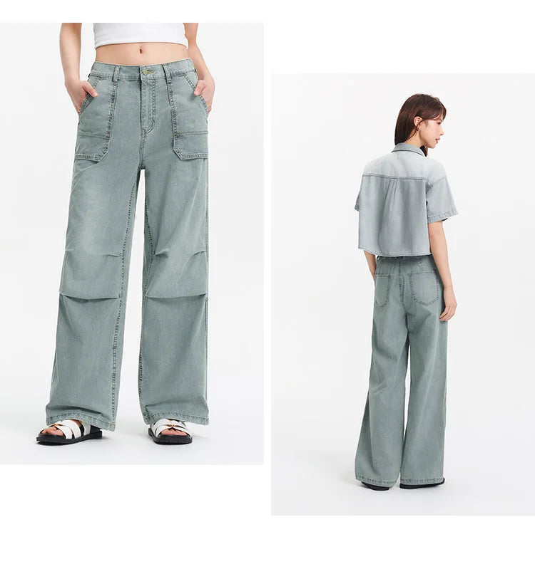 Women Pants Denim Drawstring Cool Feeling Loose Workwear American Street Style Cool Wide Leg 2026 Summer Fashion Top