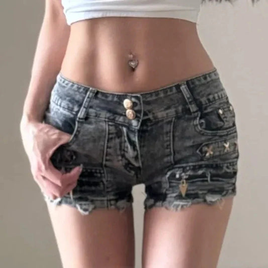 Y2K Denim Shorts Women Streetwear Vintage 90S Sexy Low Waist Rivet Shorts Jeans Summer Harajuku Aesthetic Hot Short Pants