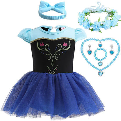 2026 Infants and Toddlers Classic Elsa Blue Short-Sleeved Princess Skirt Girl Cosplay Princess Anna Clothing + Accessories Set