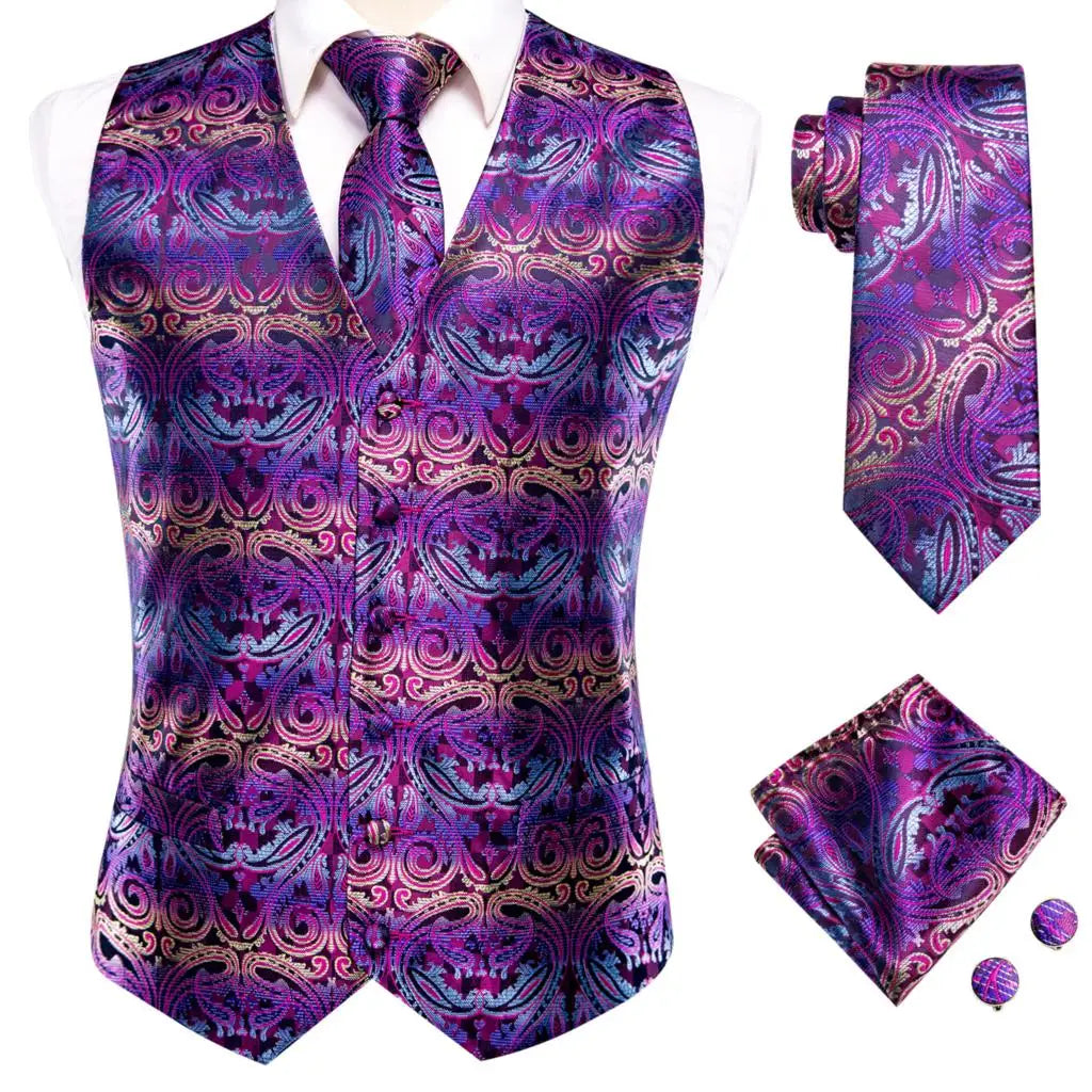 Hi-Tie Black Luxury Paisley Men's Vest Set Hanky Cufflinks For Wedding 100% Silk Vest For Men Gold Waistcoat Yellow Classic Vest