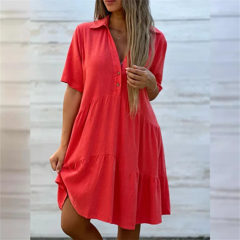 Women Cotton Linen Solid Color Dresses Lapel Button Patchwork Dress Summer Casual Commuter High Waist Short Sleeves Female Gown