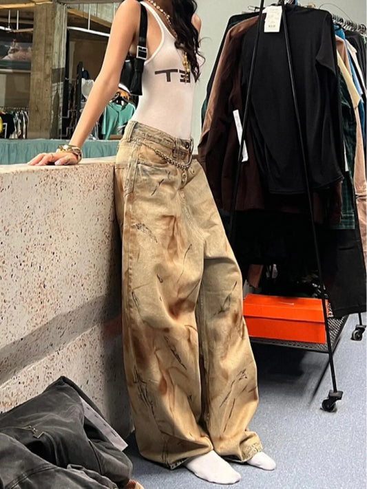 American High Street Aalyptic Sle Dyed Jeans Women's plus Size Dir Sexy Girl Vintage Waed Floor-Length Pants