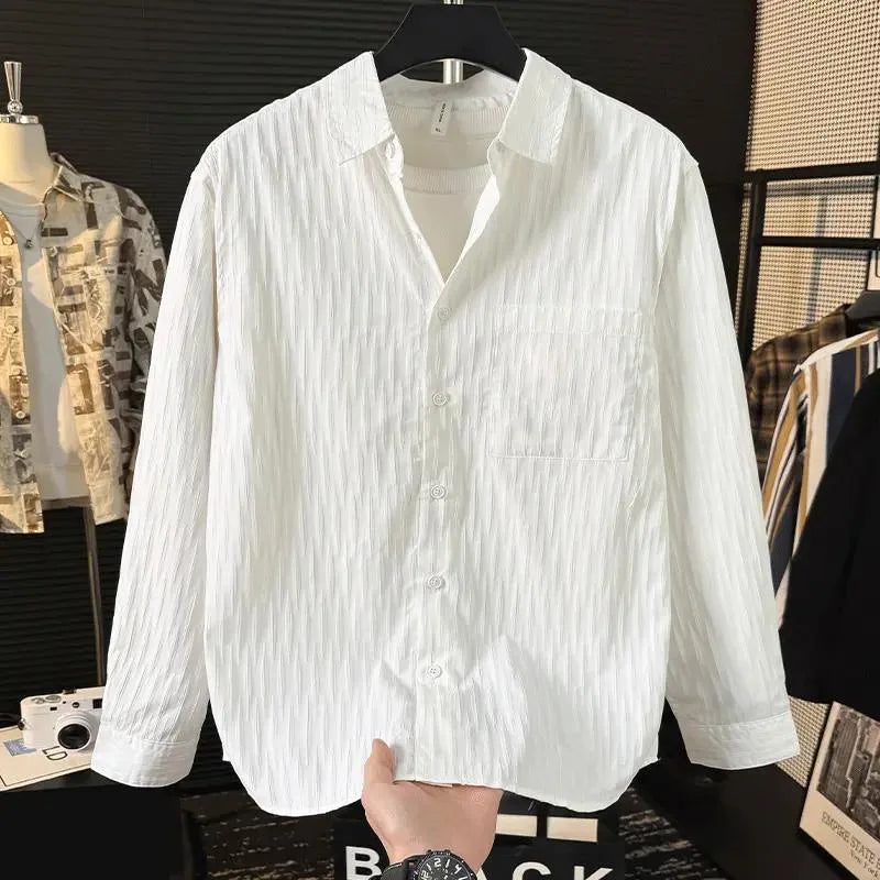 Casual Ice Silk Bubble Men's Anti-Wrinkle Summer Loose Fashionable Long Sleeve Shirt Urban Style Flip Collar Button Closure