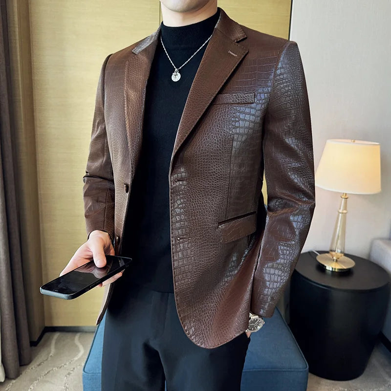 New High Quality Crocodile Stripe Slim Fit Leather Jacket Classic Business Casual Slim Fit Men Blazer Tuxedos Men Clothing 4XL-M