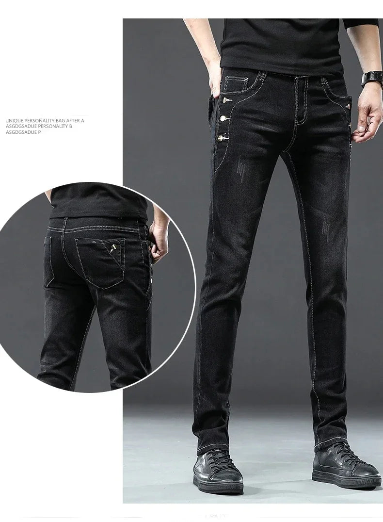 Men's Vintage Jeans Designer Korean Fashion Snowflake Wash Stretch Straight Pencil Pants Classic Slim Male Denim Trousers
