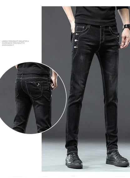 Men's Vintage Jeans Designer Korean Fashion Snowflake Wash Stretch Straight Pencil Pants Classic Slim Male Denim Trousers