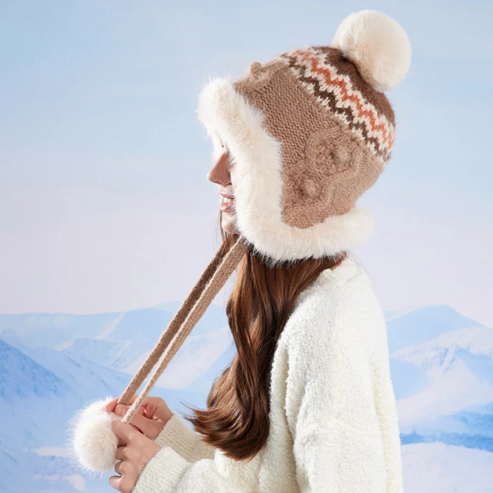 New Thick Warm Women Winter Hat Skullies Beanies Knitted Fur Hat Three Fur Ball Beanie Hat Female Earflap Cap Russian Hat