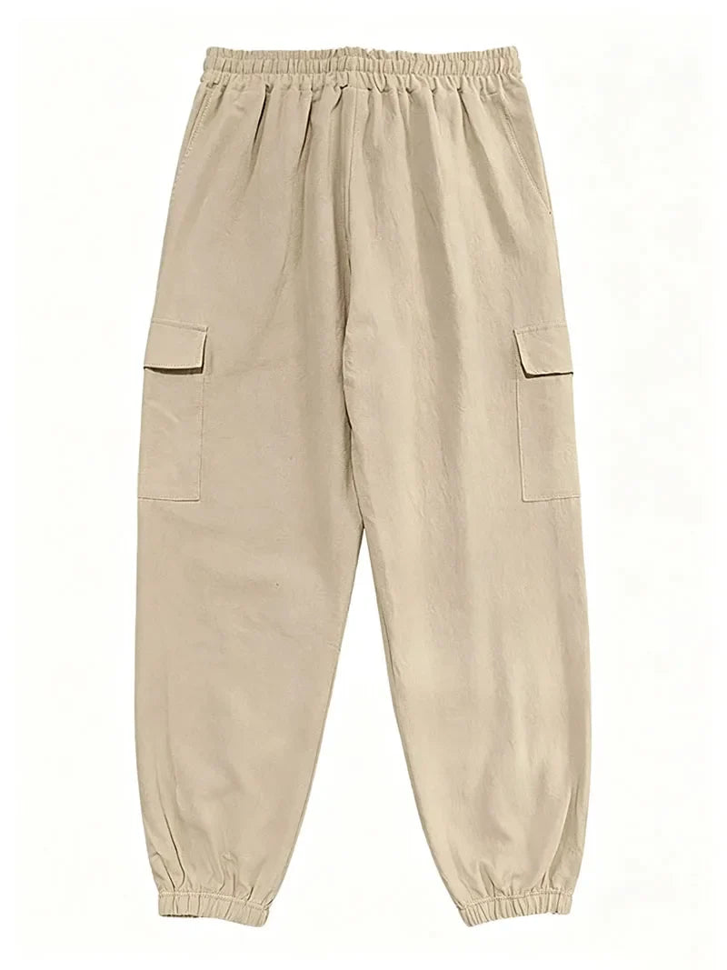 Men's Cotton Linen Blend Cargo Jogger Pants Elastic Waist Drawstring Multi Pockets Casual Breathable Streetwear Trousers for Men