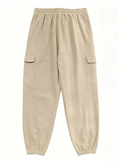 Men's Cotton Linen Blend Cargo Jogger Pants Elastic Waist Drawstring Multi Pockets Casual Breathable Streetwear Trousers for Men