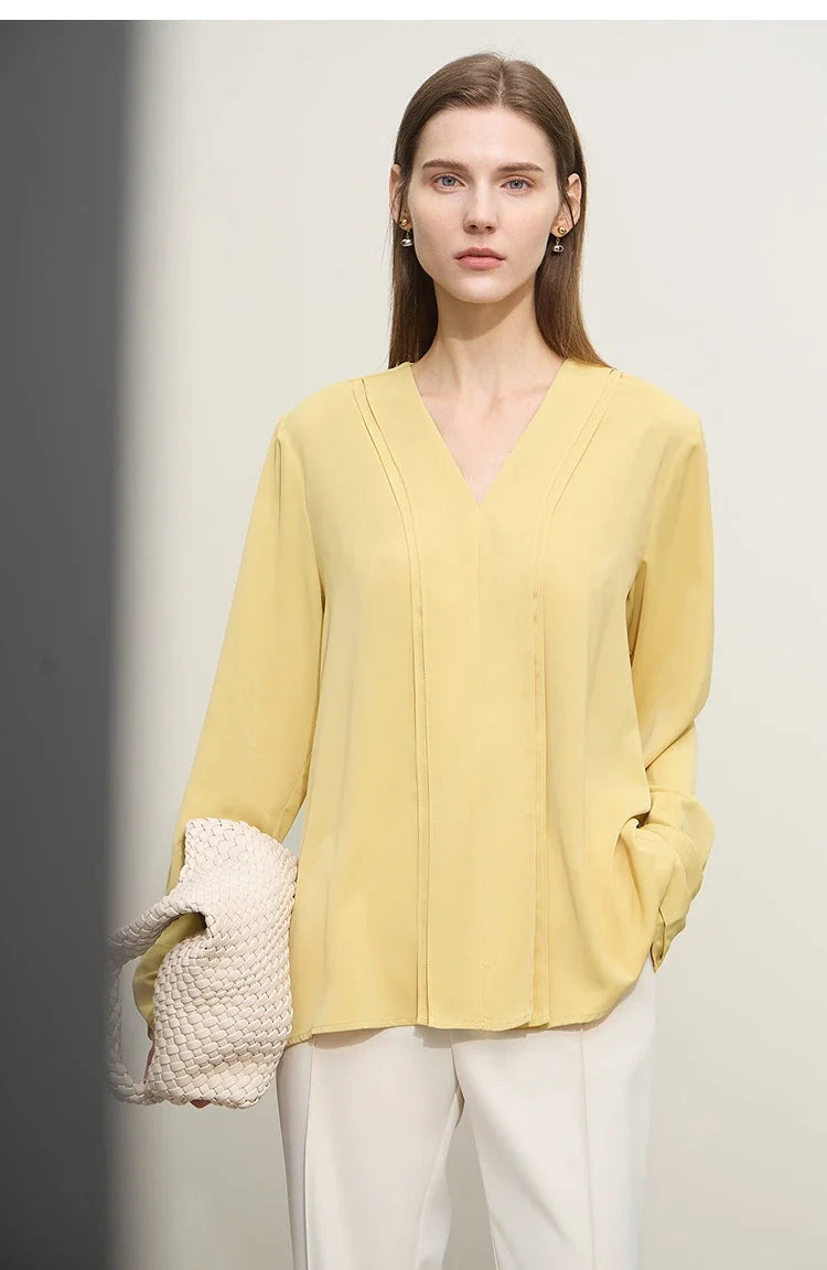 Autumn New Elegant Blouses Women 2025 V-neck Solid Long Sleeve Shirts Female Fashion Office Lady Straight Clothing 12521087