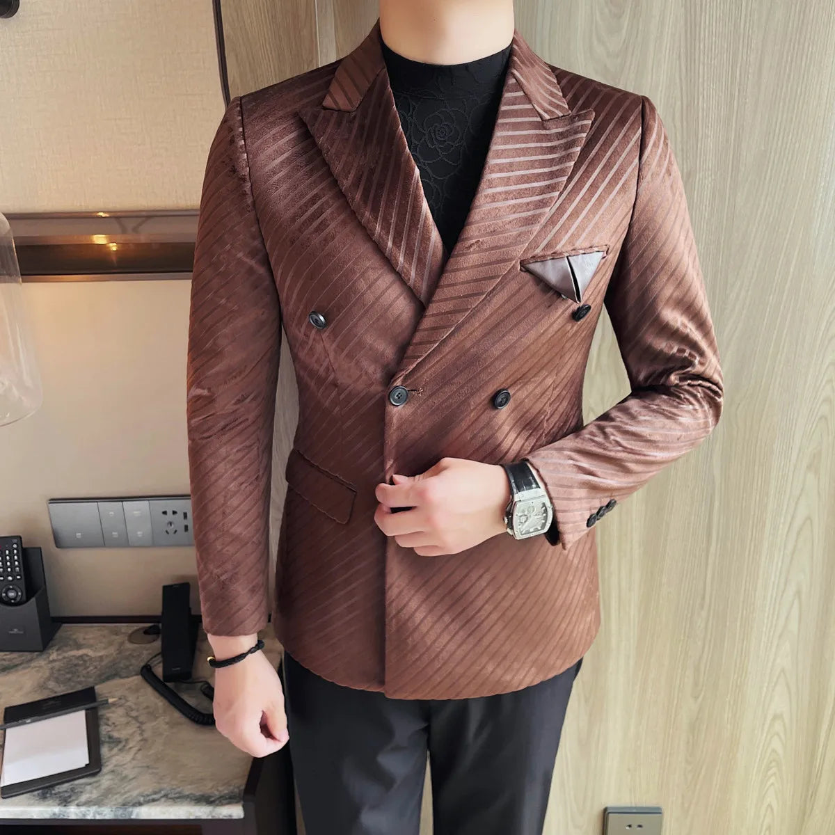British Style Luxury Men Double Breasted Twill Suit Jacket High Quality Fashion Business Slim Fit Groom Social Party Suit Dress