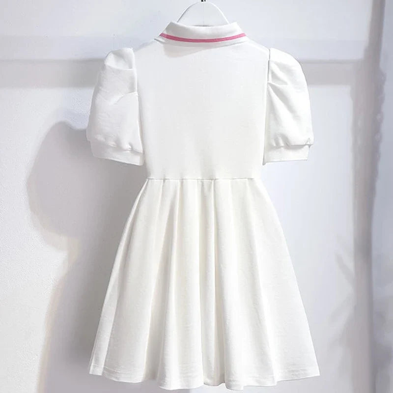 1pcs Summer Children's Dress Girl's Korean Edition Bubble Sleeves Flip Collar Dress Kids Princess Dress Baby Sweet Pleated Skirt