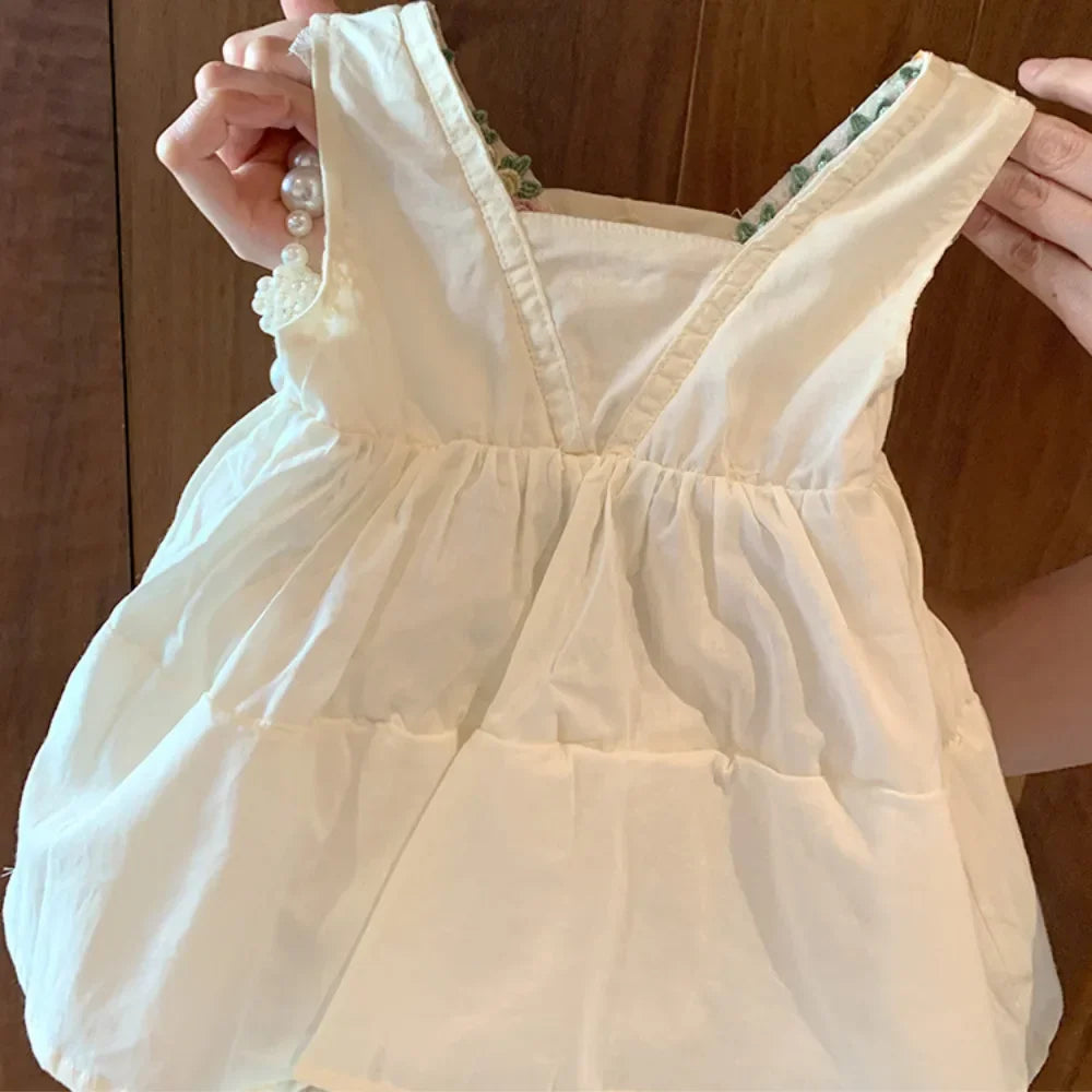 Fashion 2-7 Years Girl Print Lace Sleeveless Vest Princess Dresses Summer Beige Flower Kids Casual Clothes Korean Version