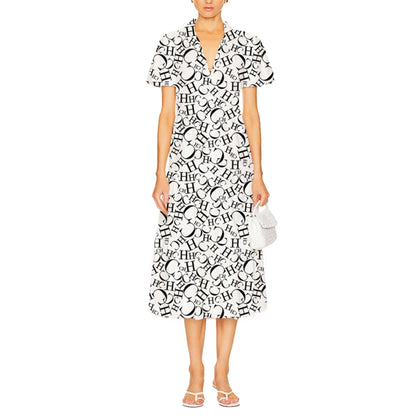 Women's Midi Dress 2024 New Fashion Summer Lapel Print Shirt Dresses for Women Elegant Chic Ladies Dress