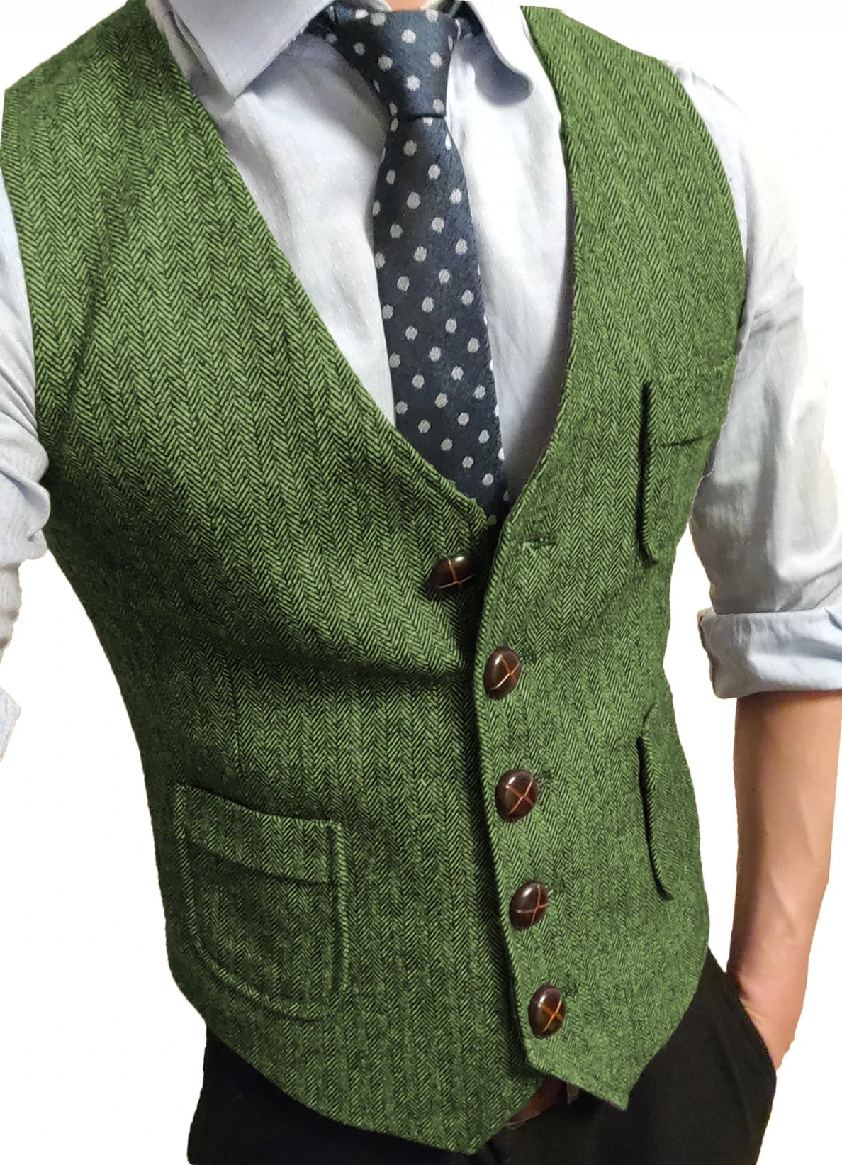Men's Formal Suit Vest V-Neck Tweed Herringbone Waistcoat Business Dress Suit Vests for Wedding