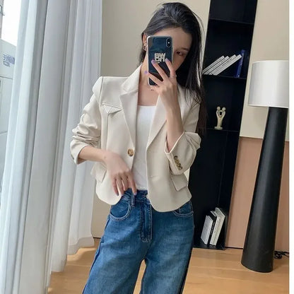 Korean Style Women Blazers Cropped New Autumn Solid Gentle Basic Defined Overcoats Harajuku Leisure Notched Fashion All-match