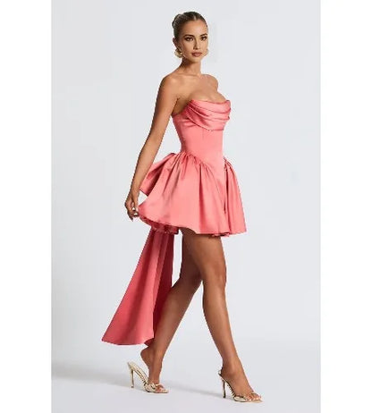 2025 Satin Strapless Back To School Dress with A Large Bow At The Back, Mini Skirt for Teenagers Cocktail Dress Short DanceDress