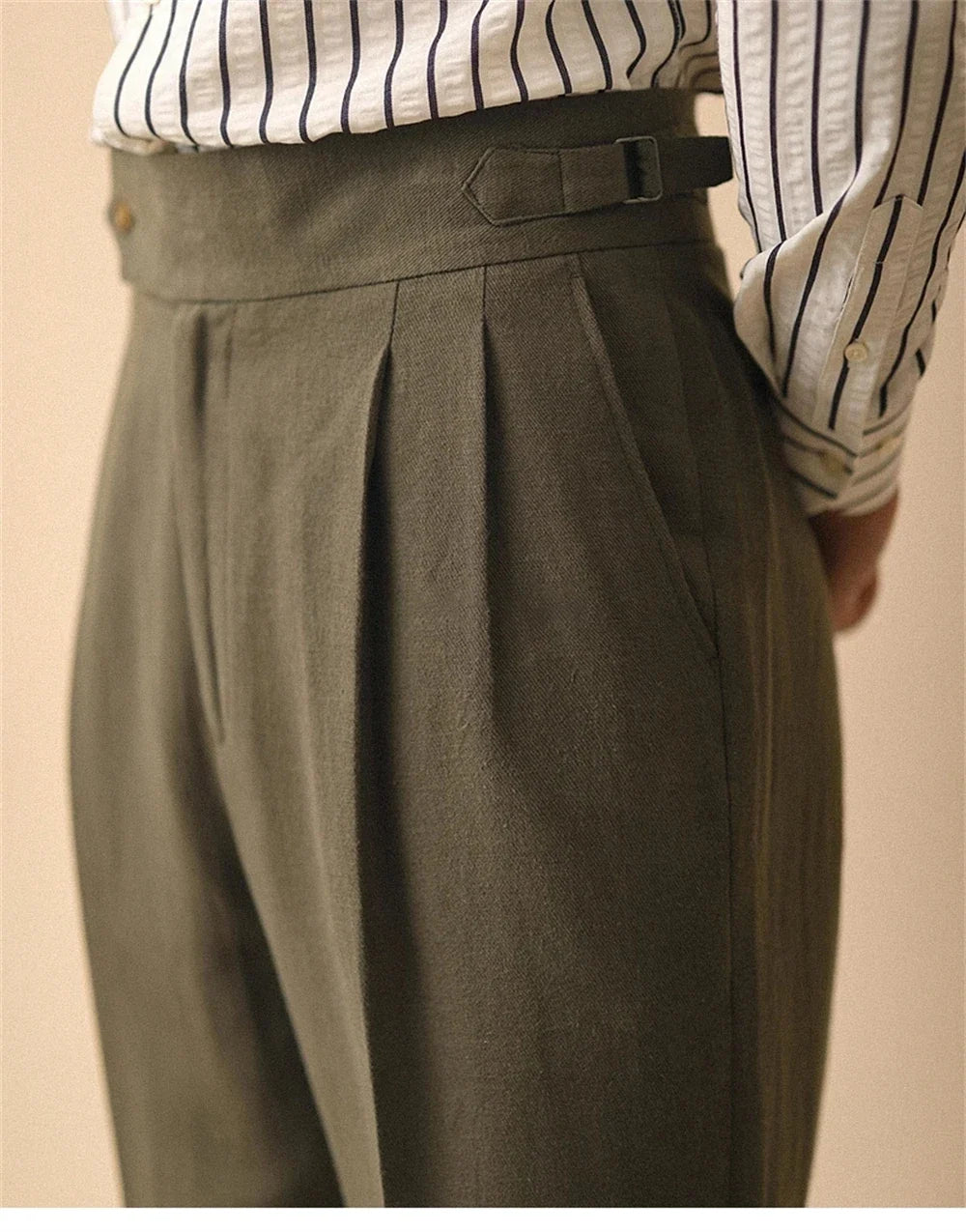 Linen Straight Pant For Men Summer Business Gentleman Naples Pant Paris Buckle Drape High Waisted Trousers Men Formal Pant