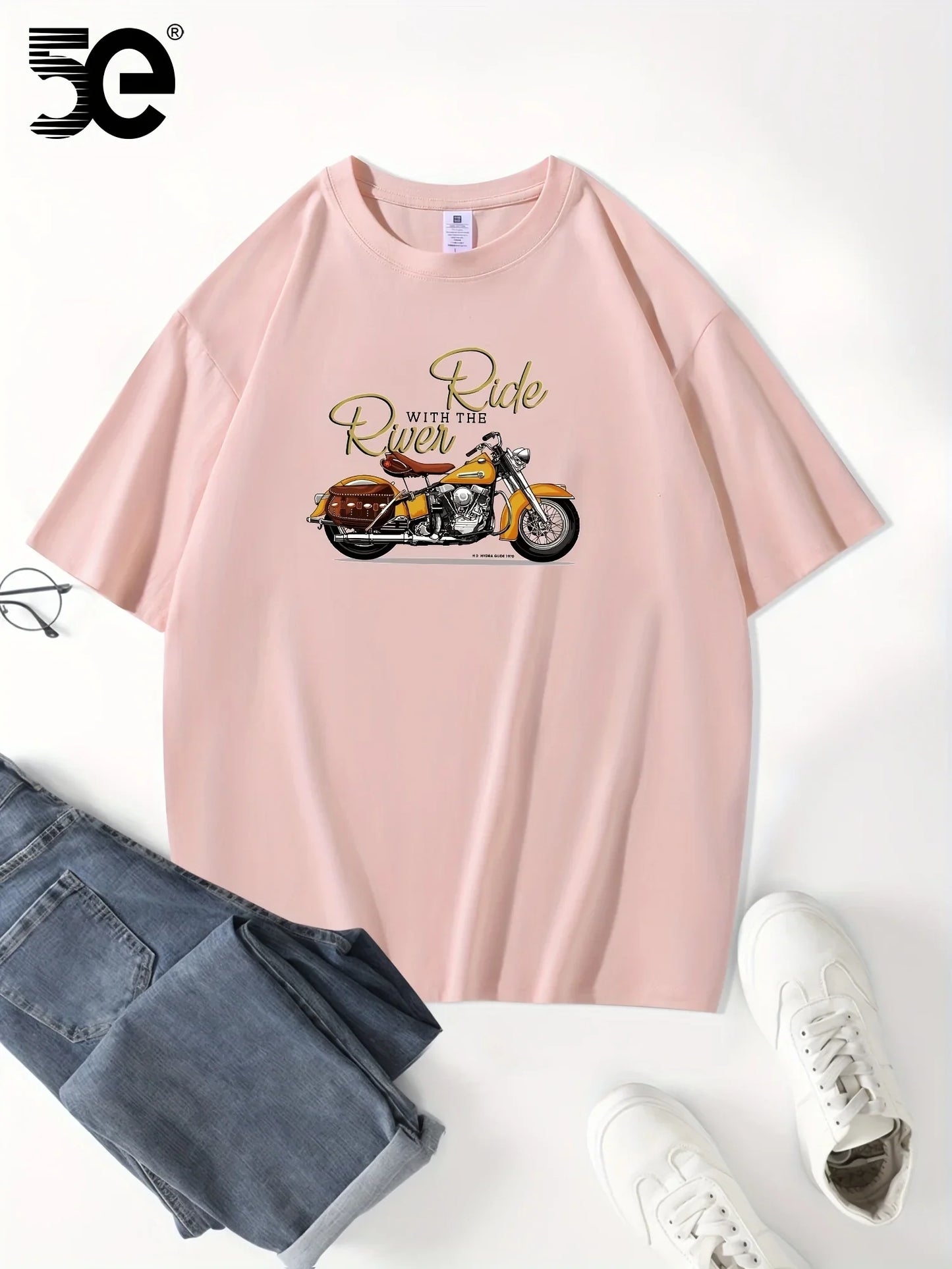 Summer men's 100% pure cotton casual loose oversized classic motorcycle creative printed round neck short sleeved T-shirt top