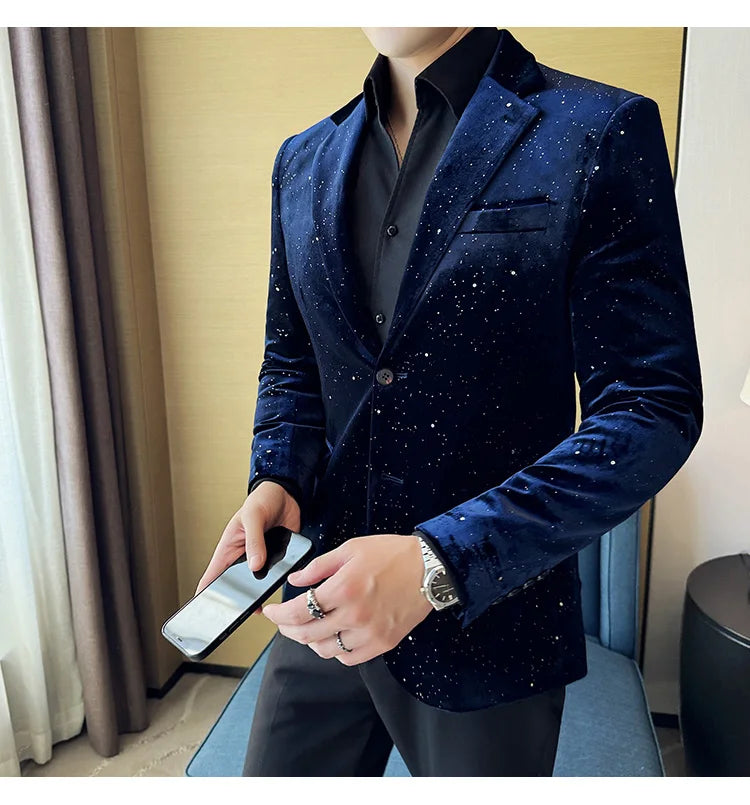 High Quality Velvet Bronzing Suit Coats Mens Sparkle Elegant Slim Business Suits Jacket Homme Formal Social Prom Party Tuxedos