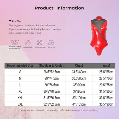 Womens Patent Leather Bodysuit Jumpsuit Sleeveless Invisible Zipper Back Mesh Patchwork Shiny Leotard for Disco Party Clubwear