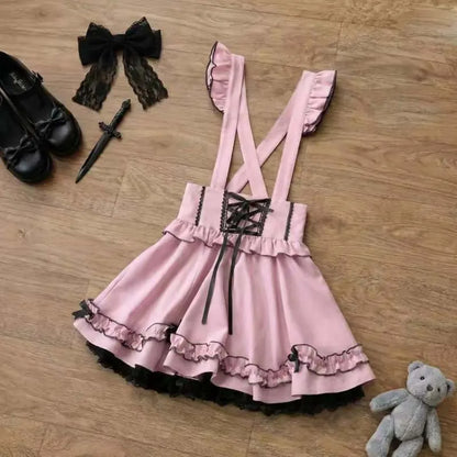 Summer Lolita Ribbon Tatt Lace Overall Skirt Women Subculture Japanese Jirai Kei Mine Style Y2k 2000s Casual Girly Belt Pinafore