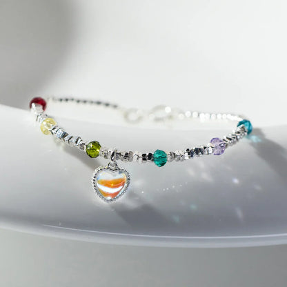 925 Sterling Silver Rainbow Color Crystal Beads Bracelet Charm Heart Moonstone Link Chain Bracelets For Women Jewelry