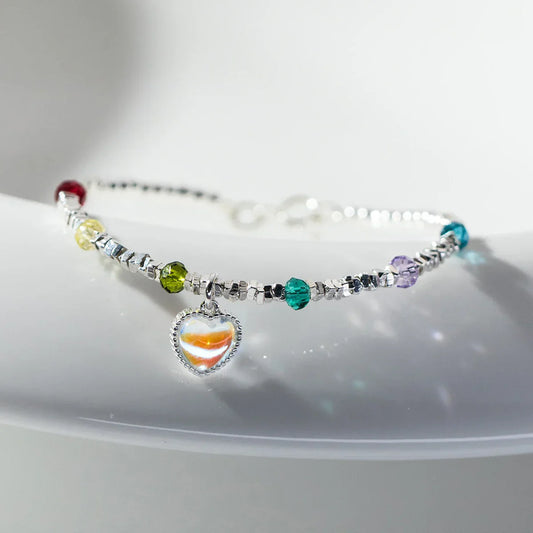 Bracelet en argent sterling 925 avec perles de cristal couleur arc-en-ciel, breloque en forme de cœur et chaînette en pierre de lune pour femmes
