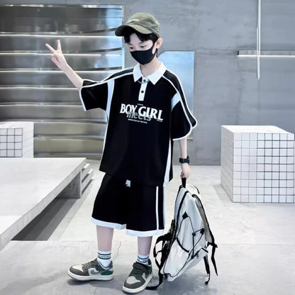 Summer Boys Patchwork Alphabet Preppy T-Shirt Tops+Drawstring Shorts Pant Set School Kids 2PCS Tracksuit Children Outfits 5-16Yr