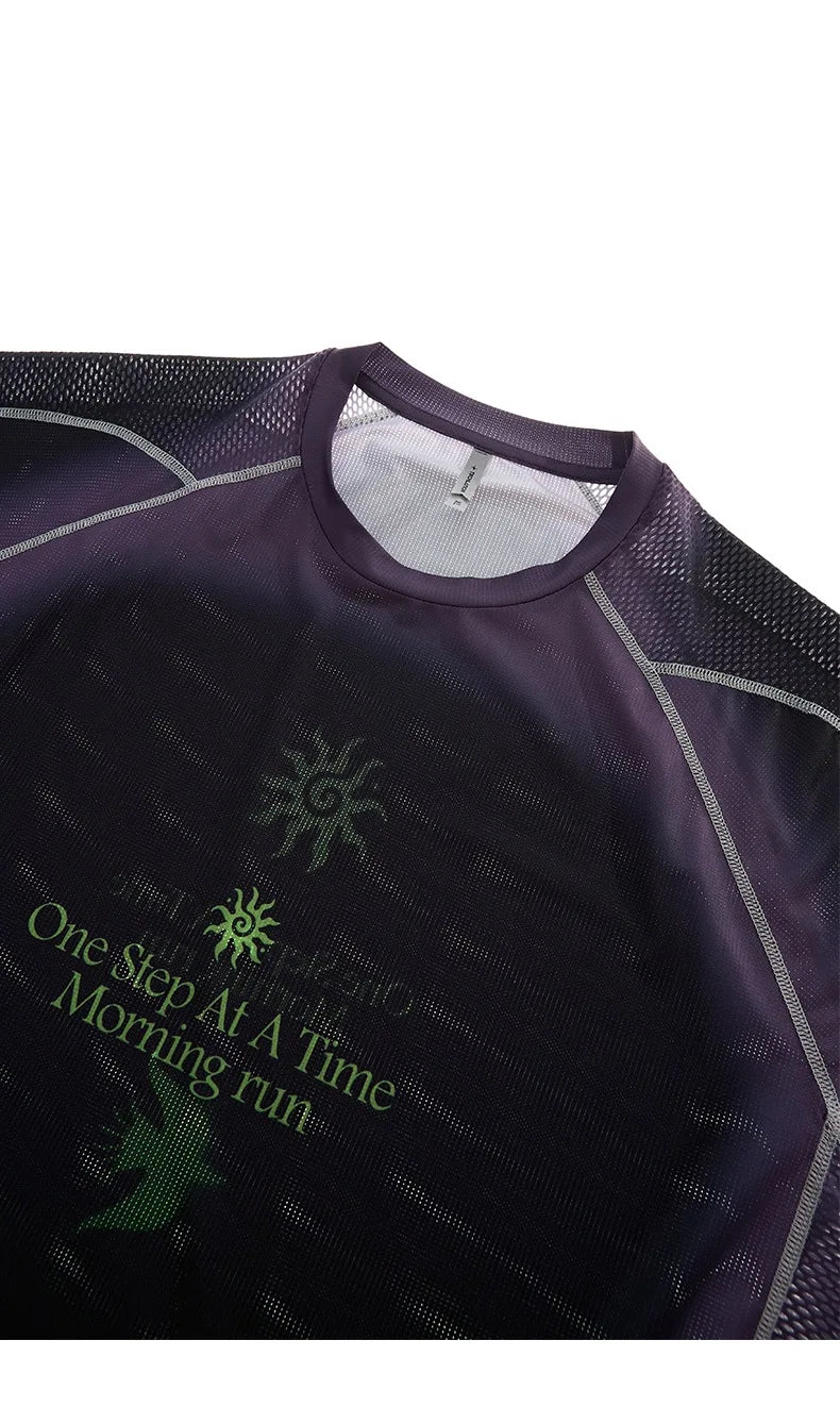 Men's Outdoor Running Long Sleeve T-Shirt Gradient Color Digital Print Quick Dry Breathable Sports Top Unisex