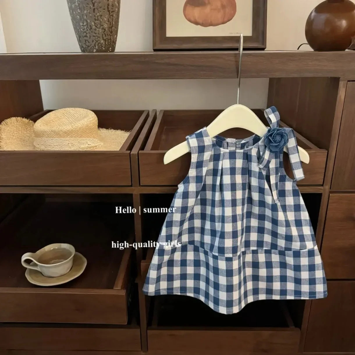 Summer Girls Casual Dresses with Hat Children's Clothing 2025 New Girls' Hollow Out Sleeveless Skirt Children's Lace Dress