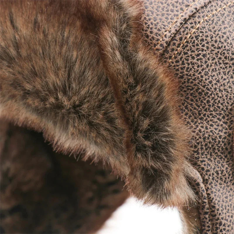 Men Winter Bomber Hat With Goggles Outdoor Motorcycle Windproof Warm Faux Fur Pilot Earflap Hat Leather Thermal Ushanka