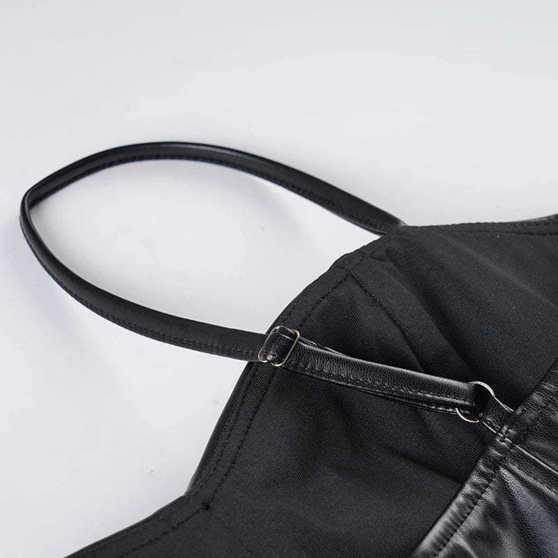 Sexy Black Pu Leather A Line Dress Women's Spaghetti Strap Sleeveless Party Club Dress Elegant Outfits Coquette 2026