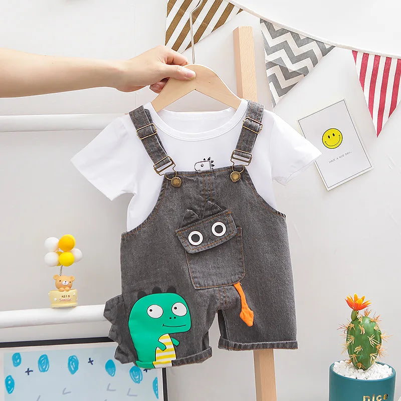 Summer Baby Boys Clothes Suit Toddler Kids Jumpsuit Boys Suspender Denim Shorts&Tshirt 2 pcs Sets Children Clothes Elastic Jeans