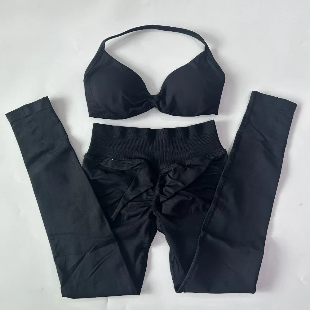 2 Pieces Set For Woman Strappy Yoga Bra Sports Top Workout Leggings Set Seamless Gym Set Fitness Clothes Outfit Activewear