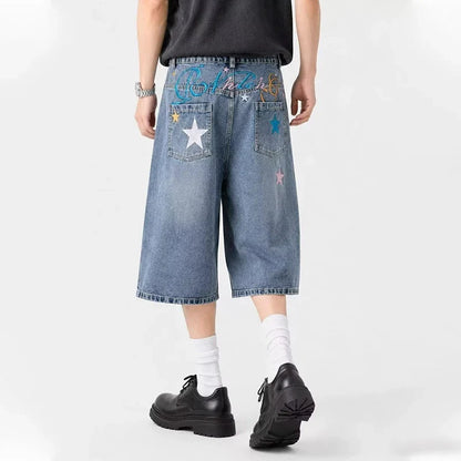 New Letter Star Embroidered Baggy Short Jeans For Men High Street Fashion Straight Y2K Jorts American Retro Blue Denim Shorts