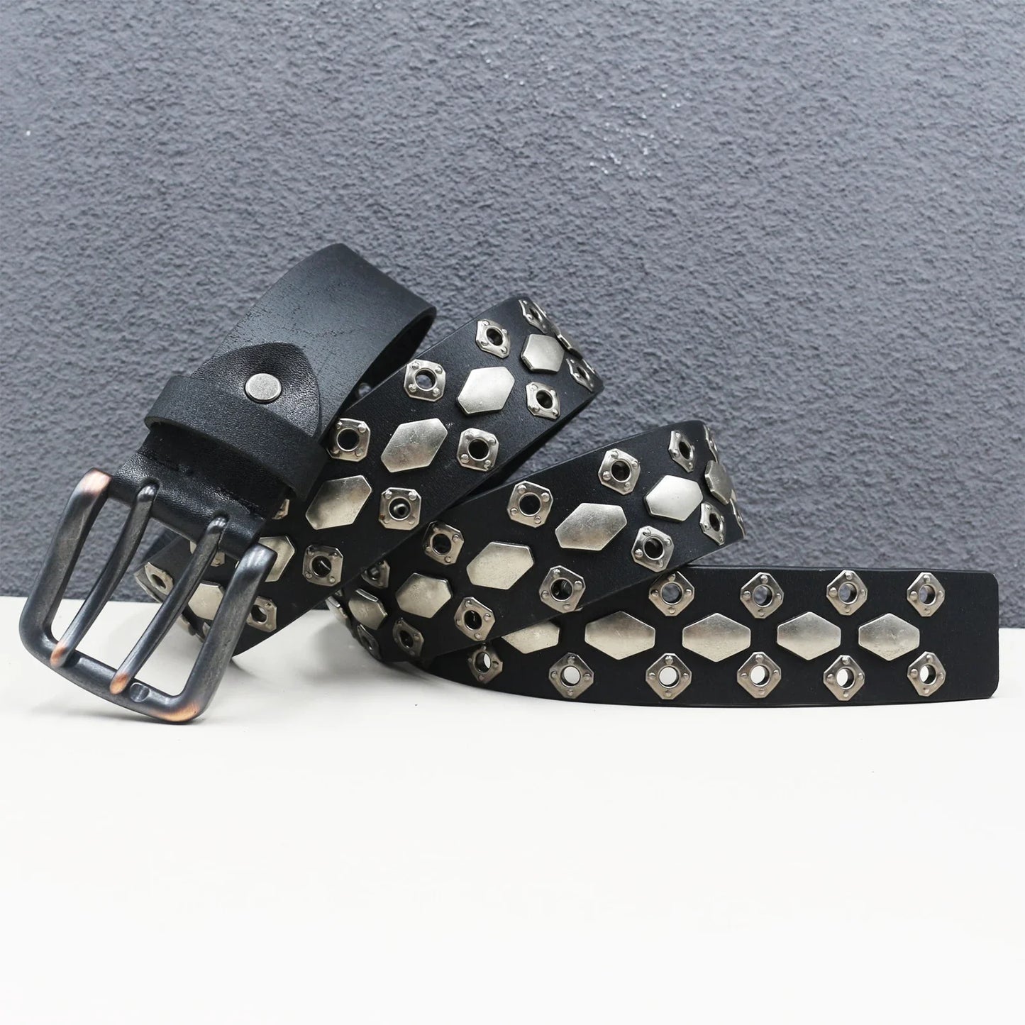 Rock Genuine Leather Luxury Punk Belt Jeans Heavy duty Hollow manual  Designer Brand Belt Men Rivet Three-pin buckle Belt Male