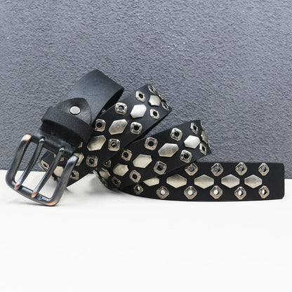 Rock Genuine Leather Luxury Punk Belt Jeans Heavy duty Hollow manual  Designer Brand Belt Men Rivet Three-pin buckle Belt Male