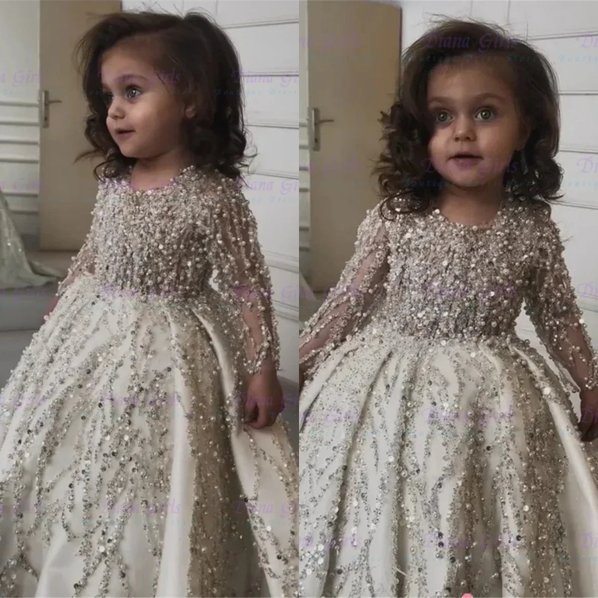 Gorgeous Pearl Sequins Quality Satin FLuffy Flower Girl Dress Exquisite Applique for Wedding Birthday Party Evening Ball Gowns