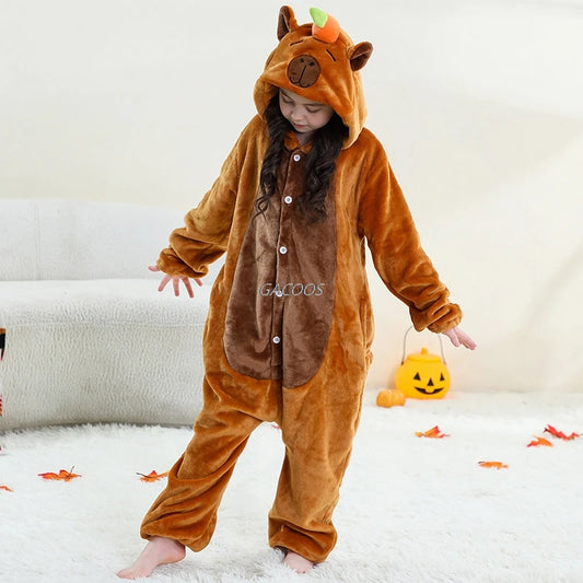 Capybara Anime Cosplay Costumes Kids Animal Cartoon Jumpsuit for Children Halloween Christmas Girls Boys Hooded Pajamas Onesies