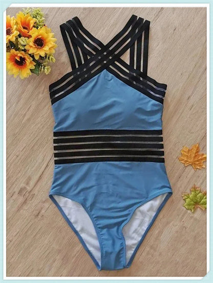 Solid Mesh Tape Swimsuit 2026 One Piece Sexy High Neck Swimwear Women Cross Front Bathing Suit Female Padded Beachwear Bodysuit