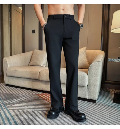 Men's Pleated Trousers, Elastic Waist, Wide-Leg, Casual Suit Pants, 2026 Spring, White/Black, S-4XL