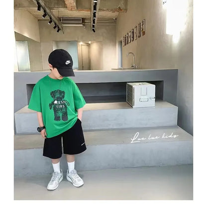 Summer Boys Cotton Cartoon Alphabet Short-Sleeved t-Shirt Tops+Short Pant Set School Kids Tracksuit Children 2PCS Outfit 3-16Yrs
