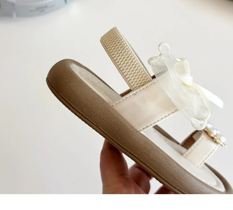 Summer Girl's Sandals Clip-toe Bowknot Elastic Band Soft Sole Kids Sliders Beautiful Pu Leather Chunky Morden Children Shoes
